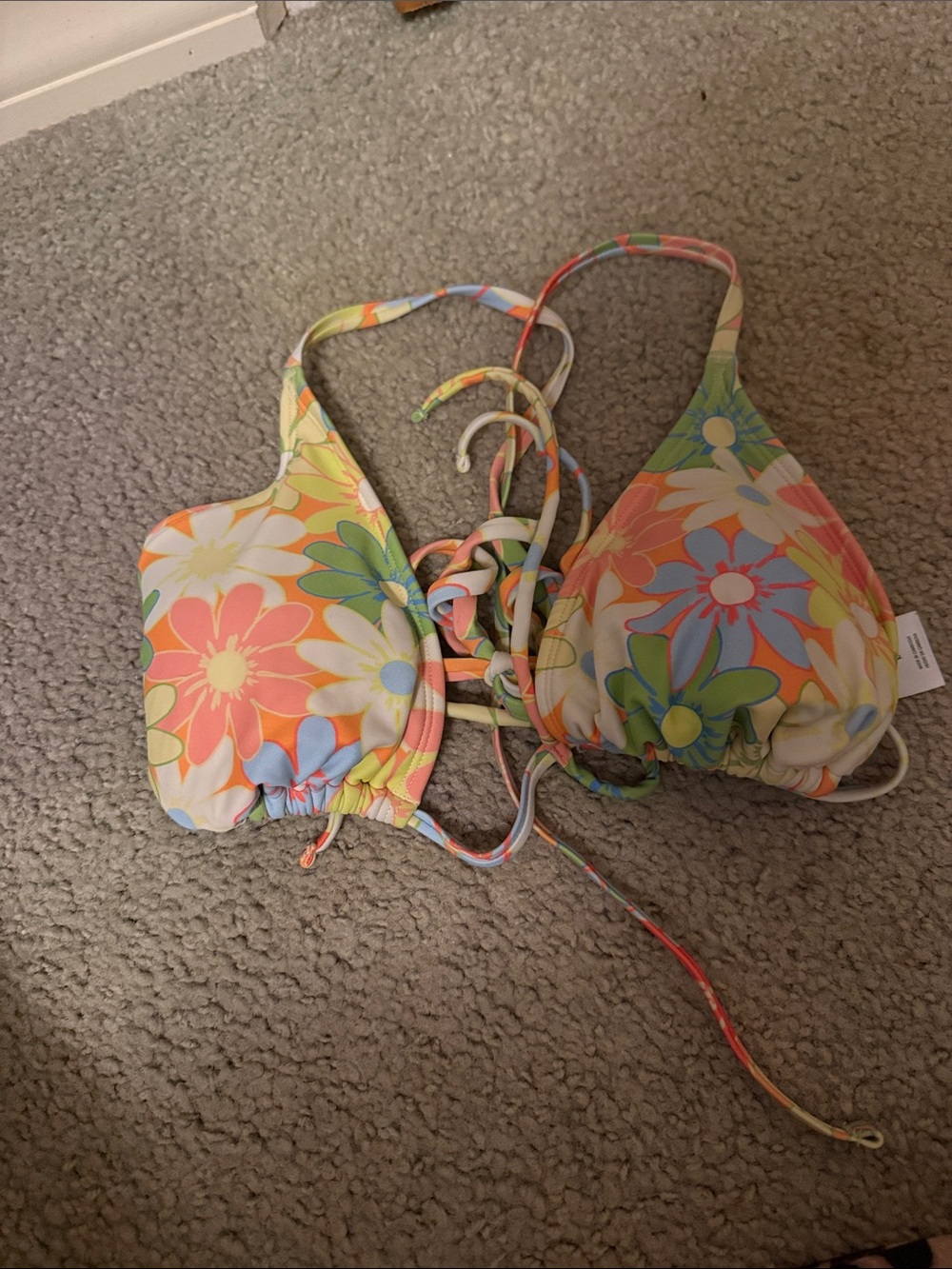 wild fable Floral Lace-Up Triangle Bikini Top - Coral, Yellow, Green, Blue